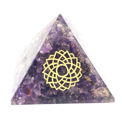 Small Orgonite Pyramid – Amethyst with engraved Crown Chakra Symbol