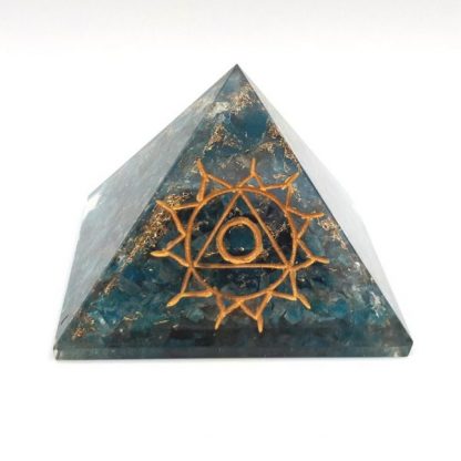 Small Orgonite Pyramid – Aquamarine with engraved Throat Chakra Symbol