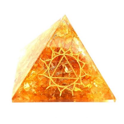 Small Orgonite Pyramid – Yellow Citrine with engraved Solar Plexus Chakra Symbol