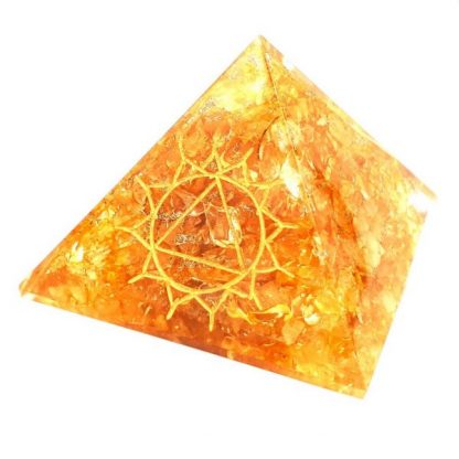 Small Orgonite Pyramid – Yellow Citrine with engraved Solar Plexus Chakra Symbol - Image 2