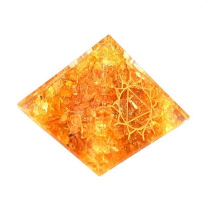 Small Orgonite Pyramid – Yellow Citrine with engraved Solar Plexus Chakra Symbol - Image 3
