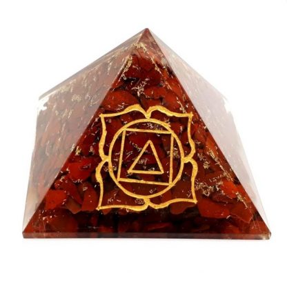 Small Orgonite Pyramid – Red Jasper with engraved Root Chakra Symbol