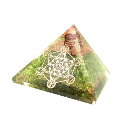 Small Orgonite Pyramid – Peridot with Clear Quartz Point & Metatron's Cube Symbol - Image 3