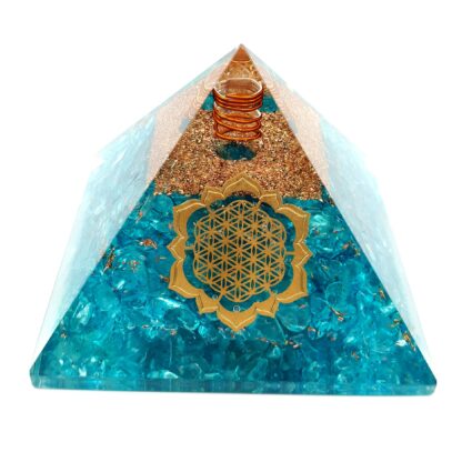 Small Orgonite Pyramid – Blue Bliss with Clear Quartz Point & Flower of Life Symbol