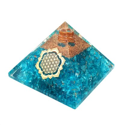 Small Orgonite Pyramid – Blue Bliss with Clear Quartz Point & Flower of Life Symbol - Image 3