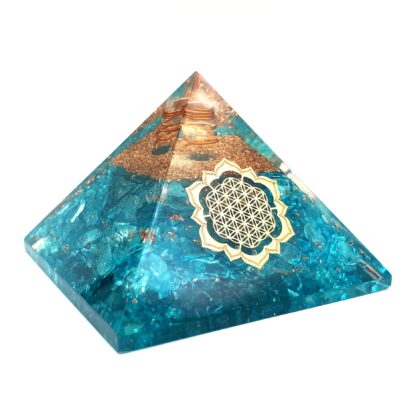 Small Orgonite Pyramid – Blue Bliss with Clear Quartz Point & Flower of Life Symbol - Image 2