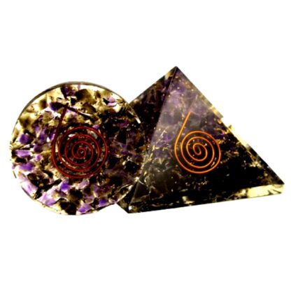 Evil Be Gone! Small Orgonite Pyramid & Disk Set with Black Obsidian & Amethyst & Amplifying Spirals - Image 4